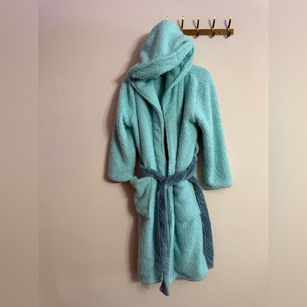 Pottery Barn Teen Cozy Sherpa Hooded Robe Turquoise Teal Women M/L